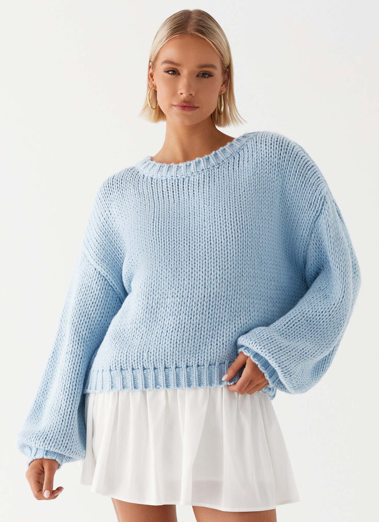 Womens Costella Knit Sweater in the colour Blue in front of a light grey background