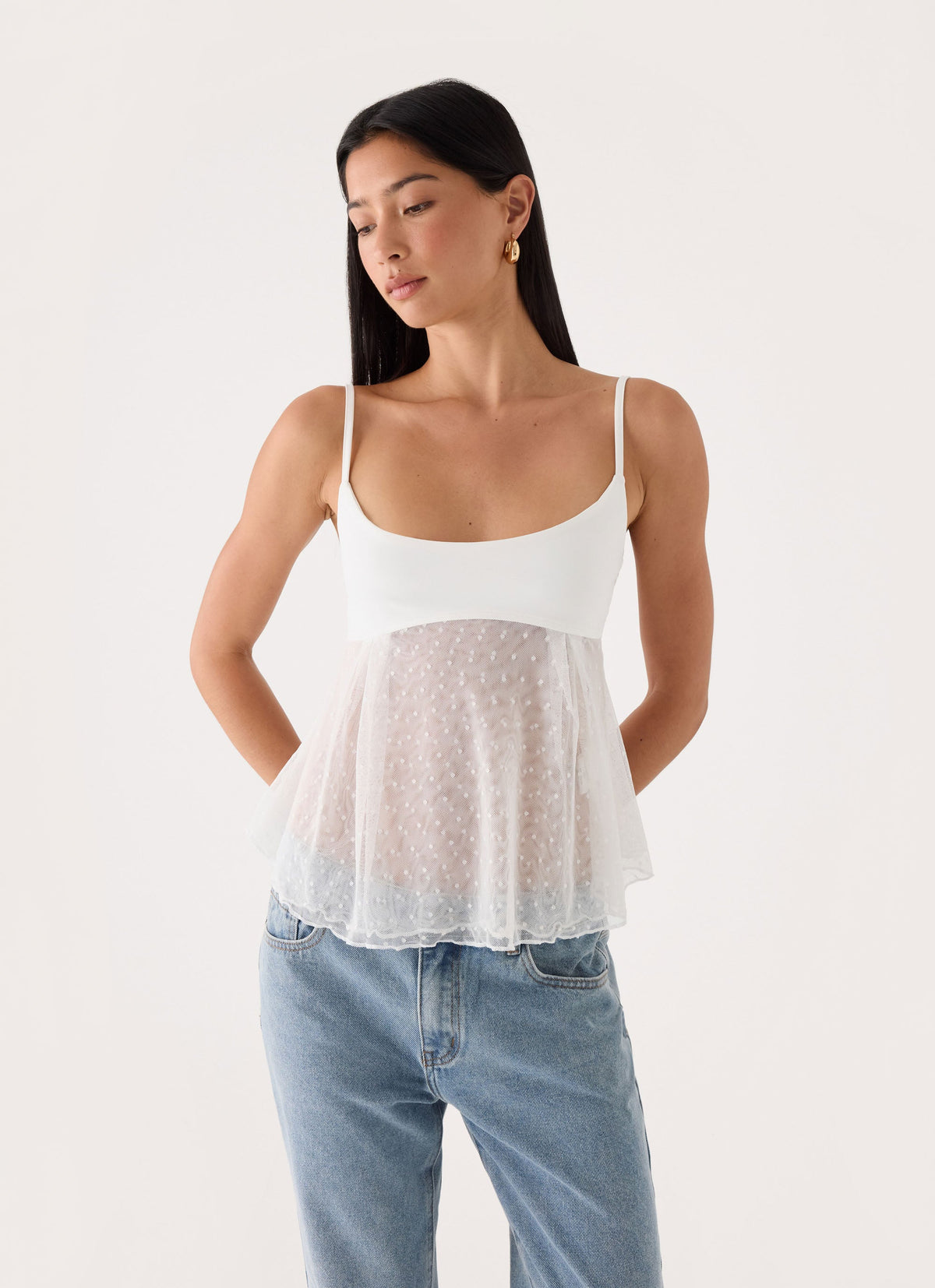 Elsie Mesh Polka Dot Top - White