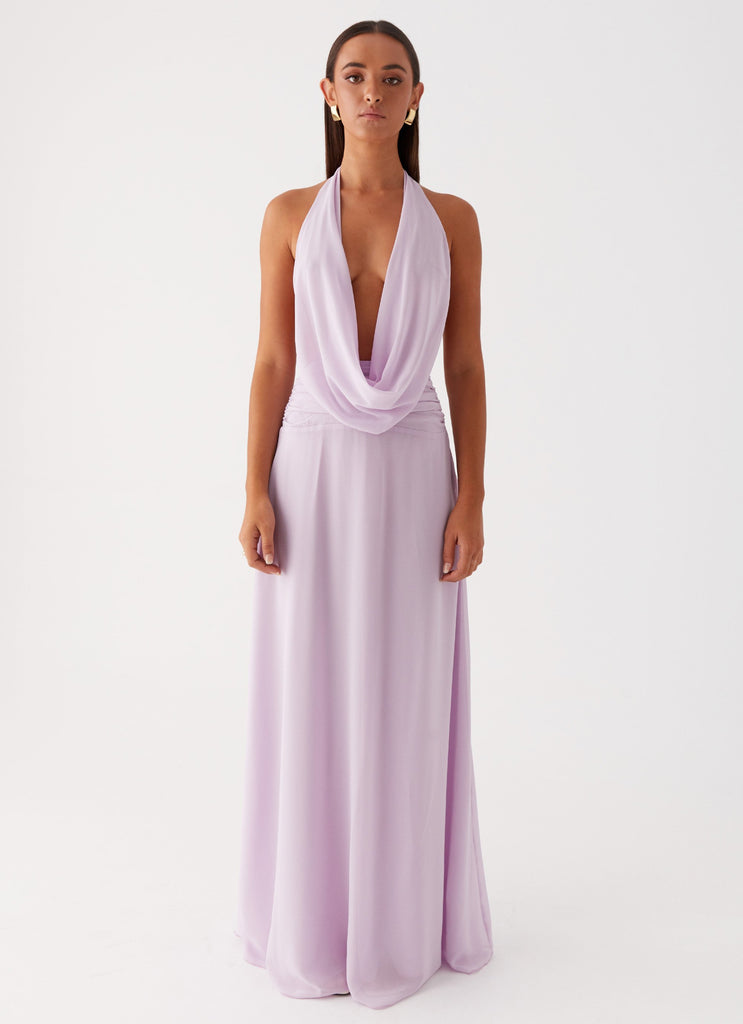 Womens Elysia Chiffon Maxi Dress in the colour Lilac in front of a light grey background