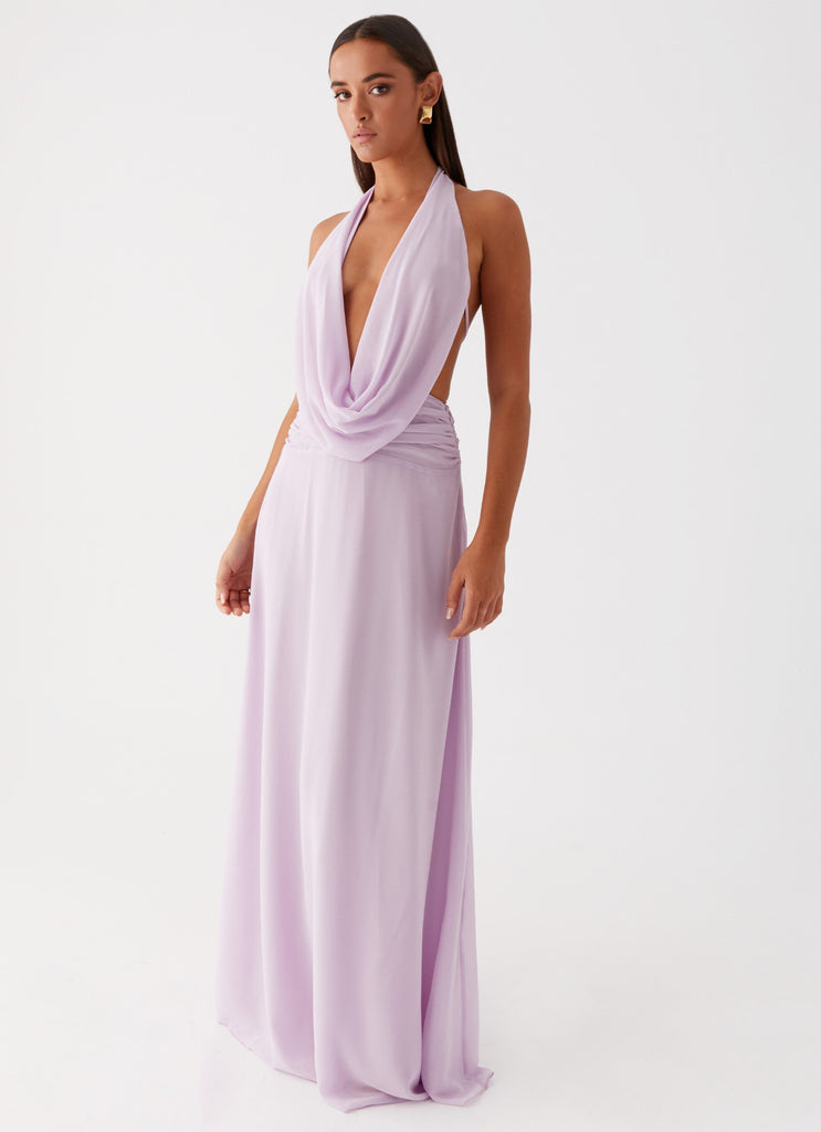 Womens Elysia Chiffon Maxi Dress in the colour Lilac in front of a light grey background