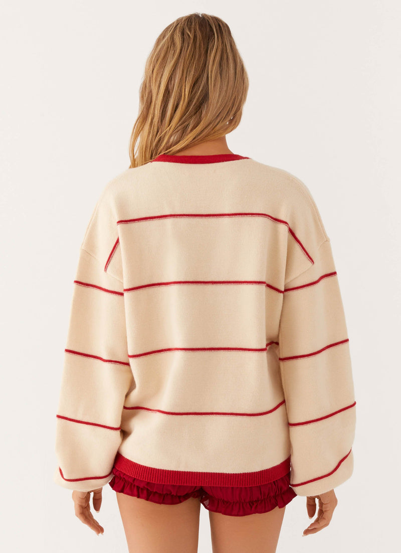 Estella Knit Cardigan - Ivory and Red Stripe