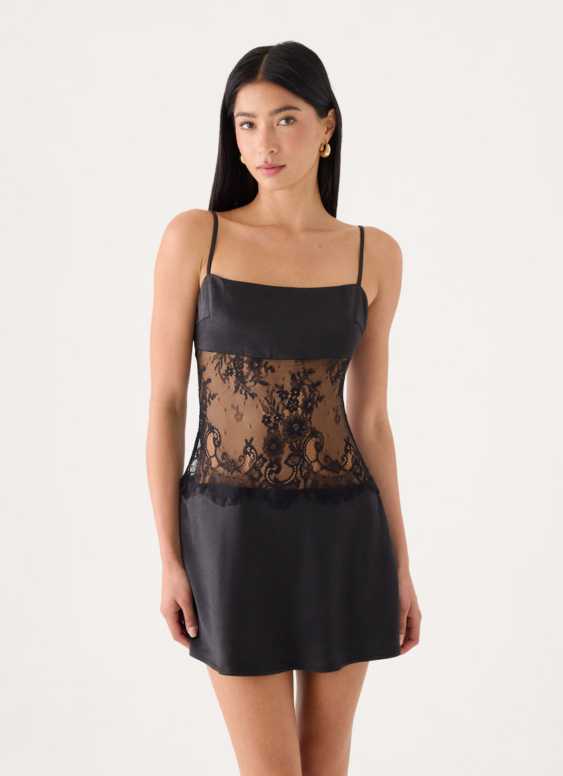 Eunia Lace Spliced Mini Dress - Black