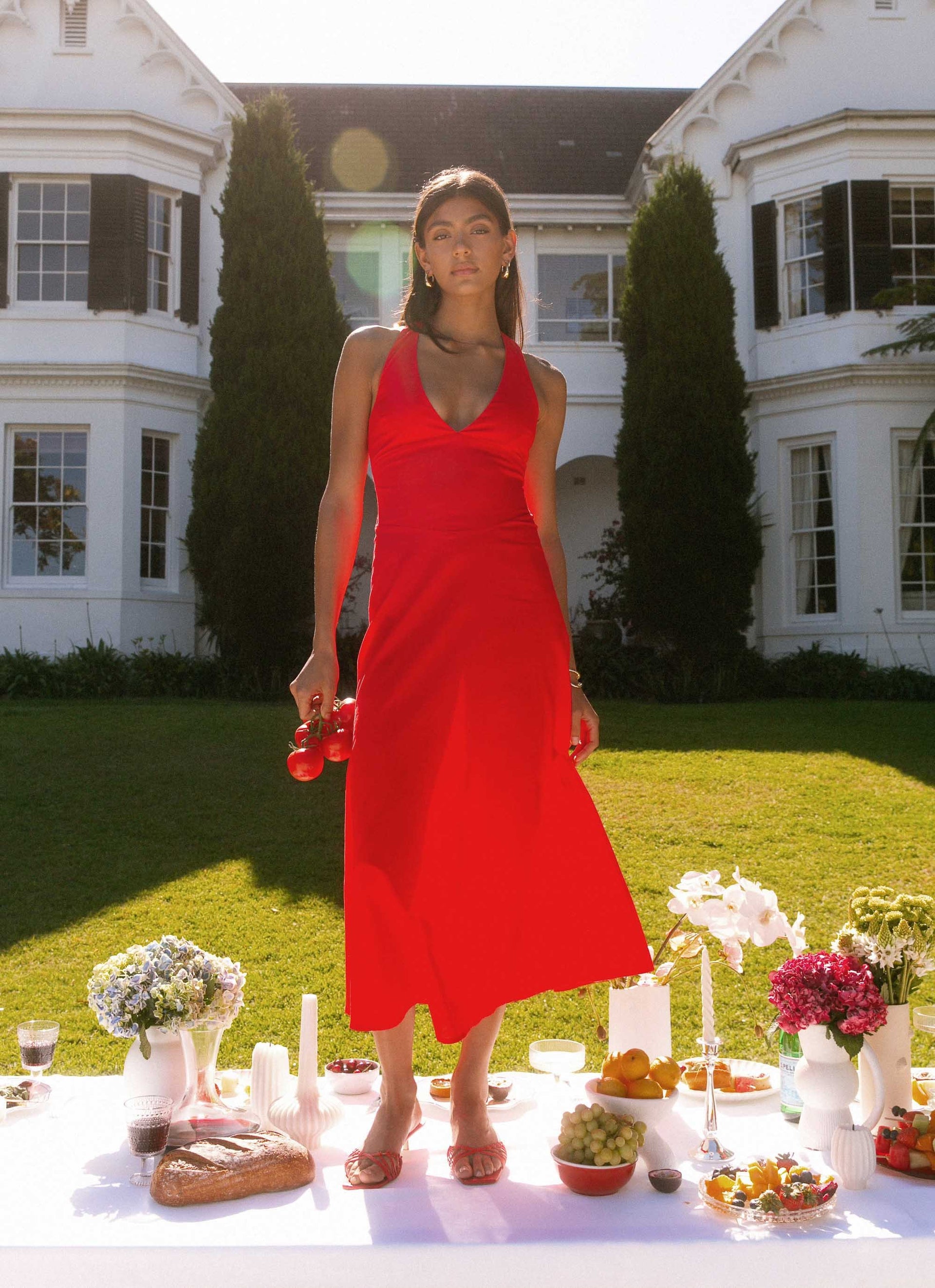 falling sun midi dress For You - Red SMS15 Satin Lila Modest Islamic Low V neckline Color:Red/ Light Stone