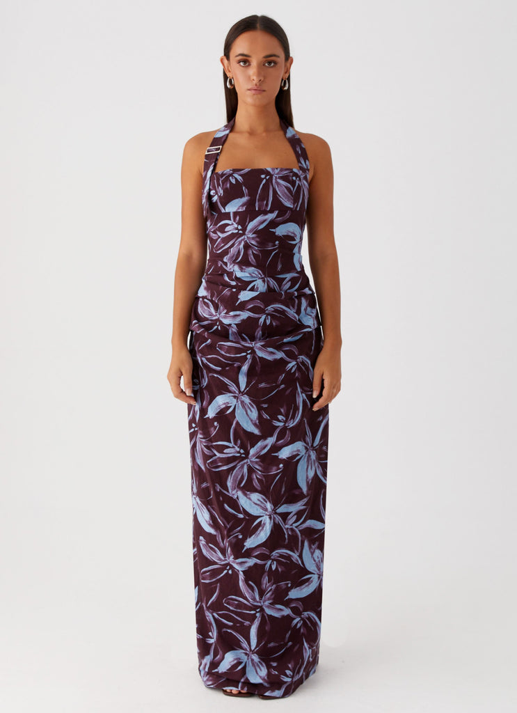 Womens Fauna Halter Maxi Dress in the colour Brown Purple Floral in front of a light grey background