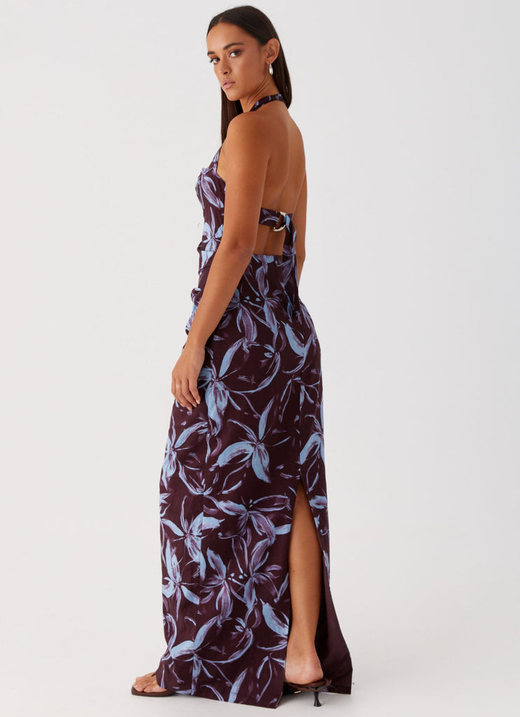 Womens Fauna Halter Maxi Dress in the colour Brown Purple Floral in front of a light grey background