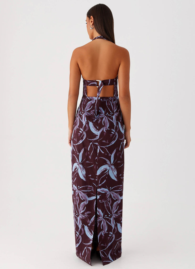 Womens Fauna Halter Maxi Dress in the colour Brown Purple Floral in front of a light grey background