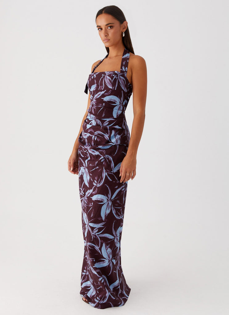 Womens Fauna Halter Maxi Dress in the colour Brown Purple Floral in front of a light grey background