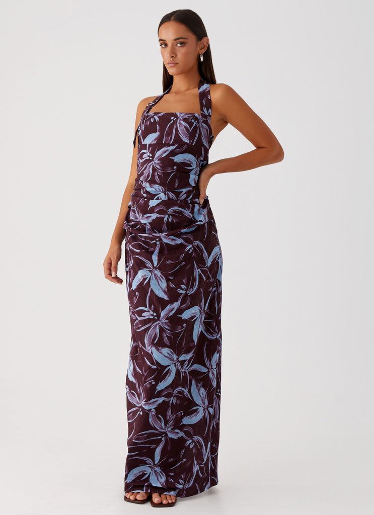 Womens Fauna Halter Maxi Dress in the colour Brown Purple Floral in front of a light grey background