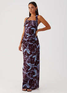 Womens Fauna Halter Maxi Dress in the colour Brown Purple Floral in front of a light grey background