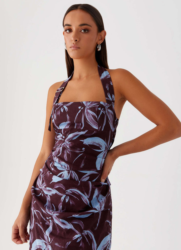 Womens Fauna Halter Maxi Dress in the colour Brown Purple Floral in front of a light grey background