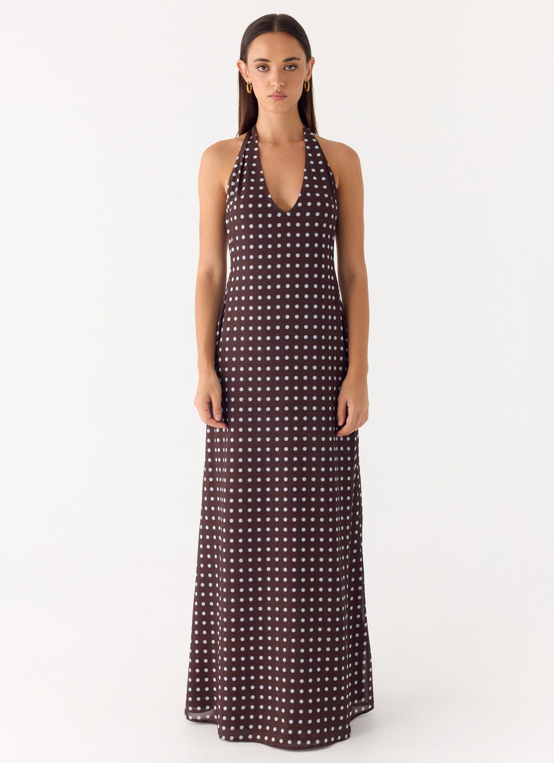 Float Away Maxi Dress - Chocolate Blue Dot