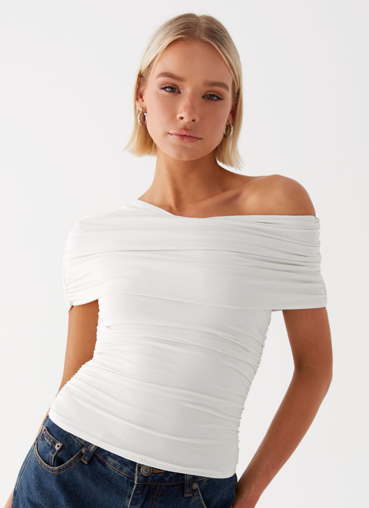 Womens Gabbie Off Shoulder Top in the colour White in front of a light grey background