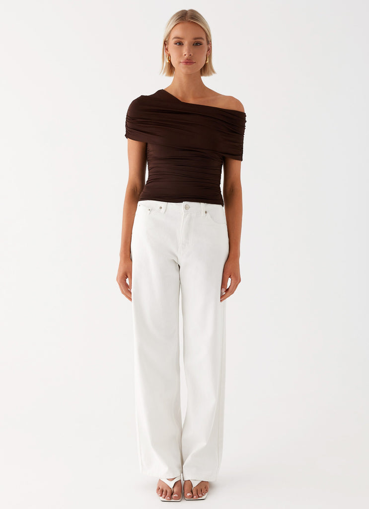 Womens Gabbie Off Shoulder Top in the colour Chocolate in front of a light grey background