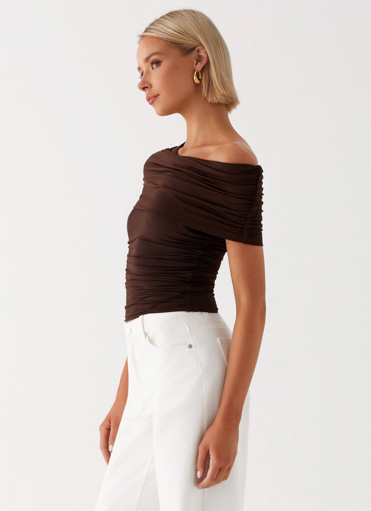 Womens Gabbie Off Shoulder Top in the colour Chocolate in front of a light grey background