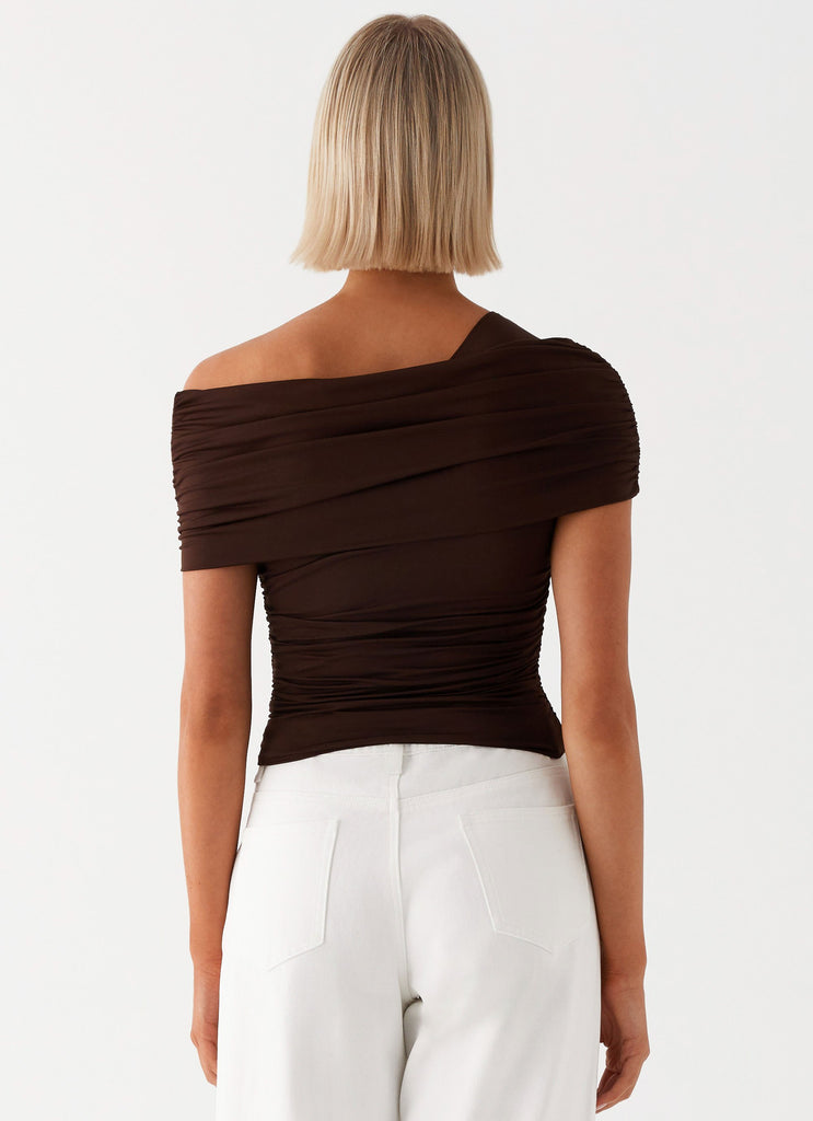 Womens Gabbie Off Shoulder Top in the colour Chocolate in front of a light grey background