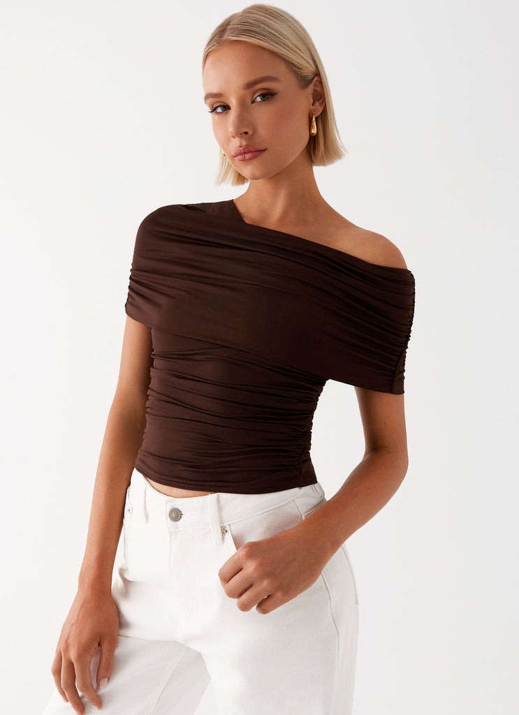 Womens Gabbie Off Shoulder Top in the colour Chocolate in front of a light grey background