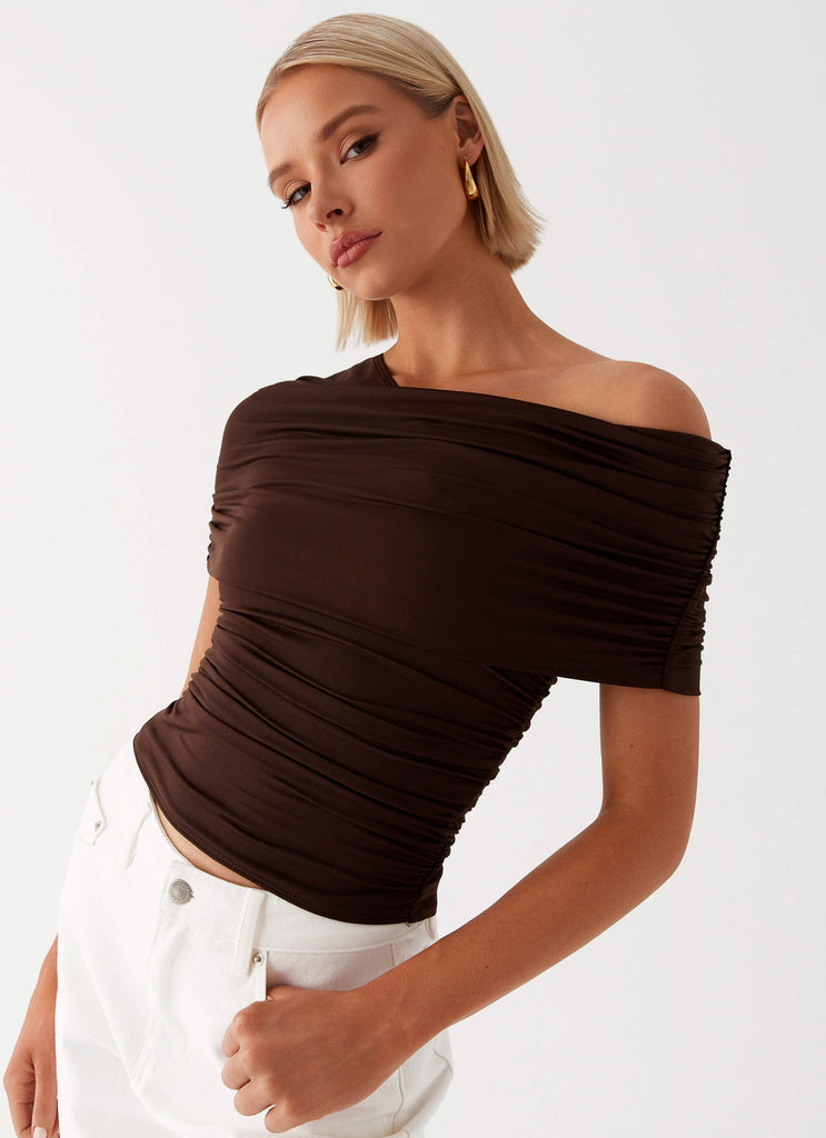 Womens Gabbie Off Shoulder Top in the colour Chocolate in front of a light grey background