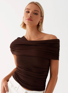 Womens Gabbie Off Shoulder Top in the colour Chocolate in front of a light grey background