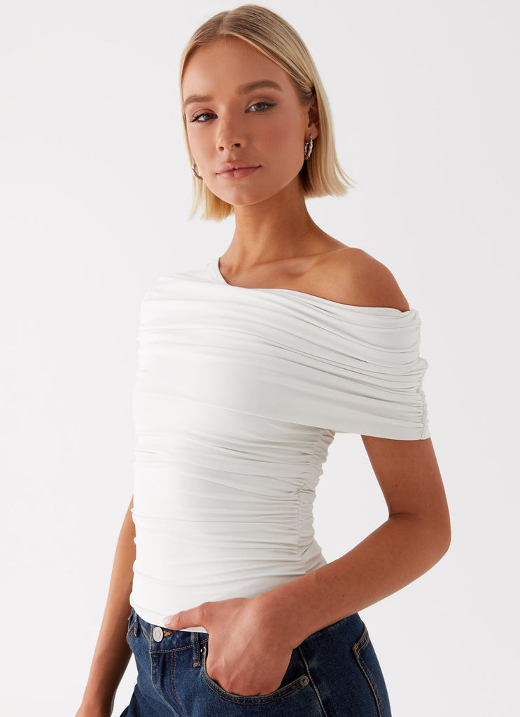 Womens Gabbie Off Shoulder Top in the colour White in front of a light grey background