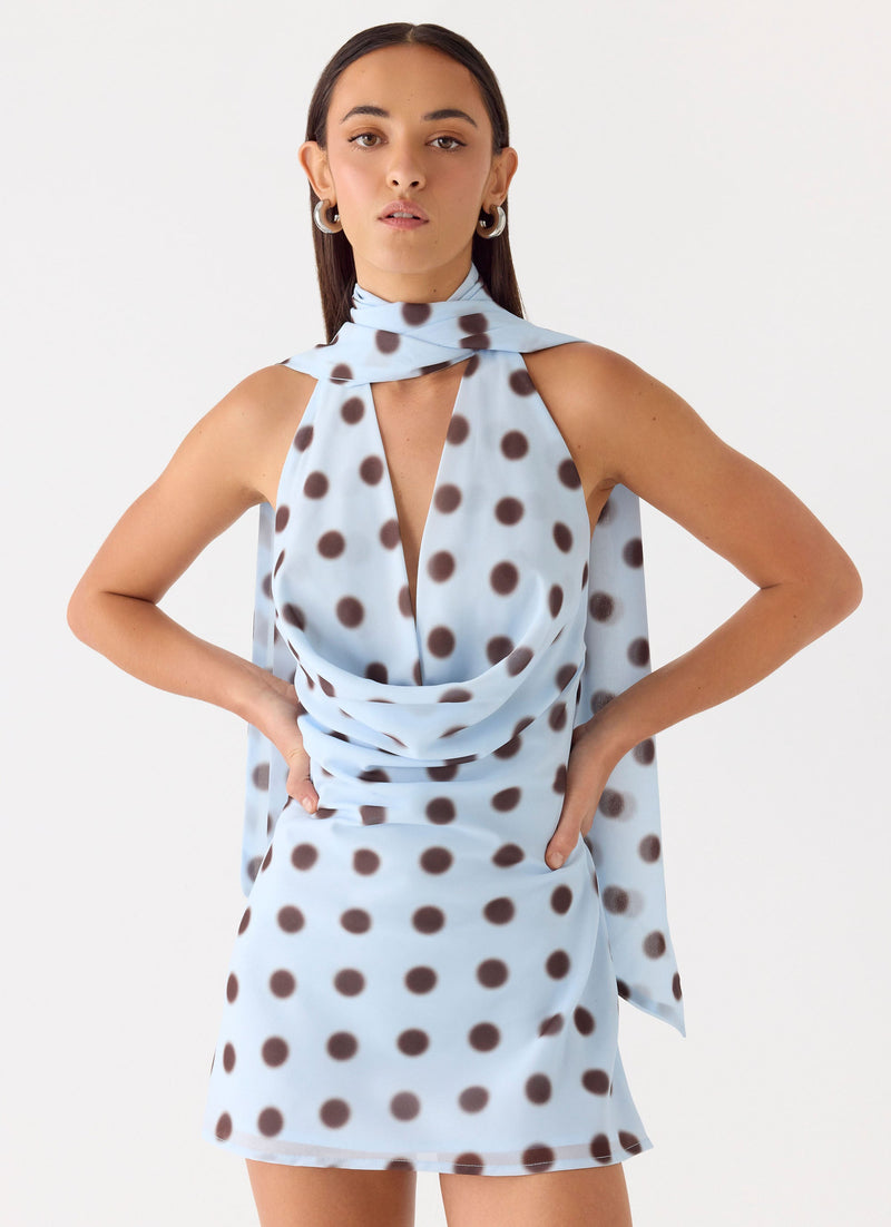 Get Me Halter Mini Dress - Blue Mocha Dot