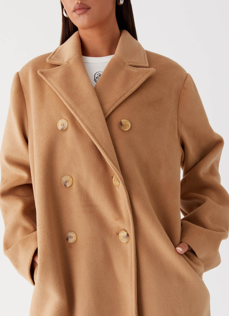 Womens Gianni Double Breast Coat in the colour Tan in front of a light grey background