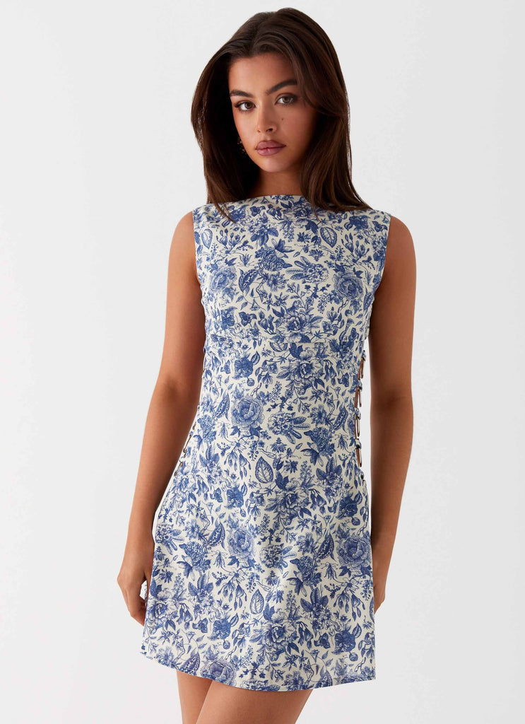 Womens Indigo Bloom Linen Mini Dress in the colour Blue Paisley in front of a light grey background