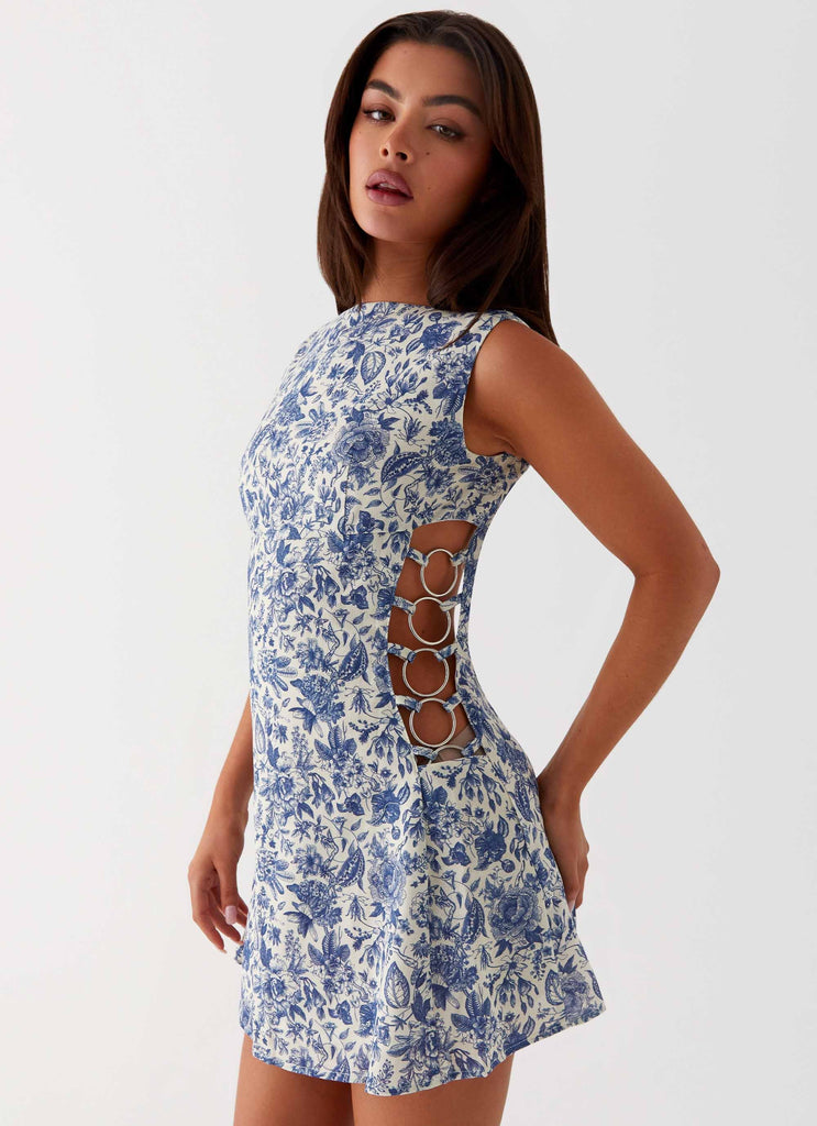 Womens Indigo Bloom Linen Mini Dress in the colour Blue Paisley in front of a light grey background