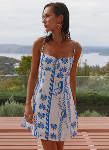 Isra Linen Mini Dress - Floral Wave