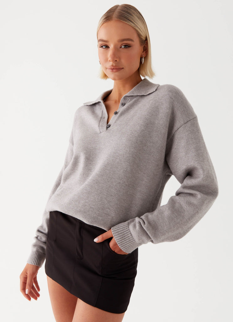 Womens Jaden Knit Polo Top in the colour Grey Marl in front of a light grey background