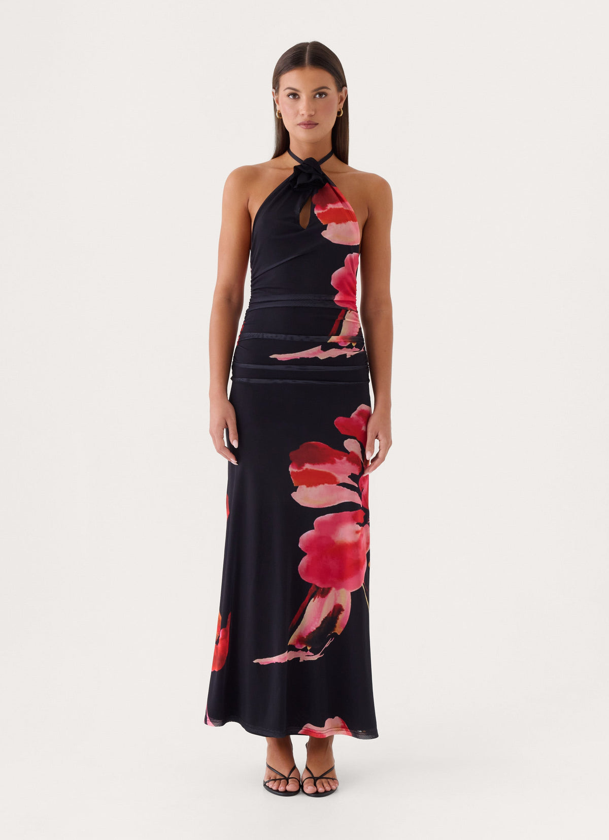 Janete Floral Halter Maxi Dress - Black Floral Print