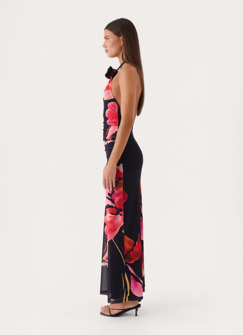 Janete Floral Halter Maxi Dress - Black Floral Print