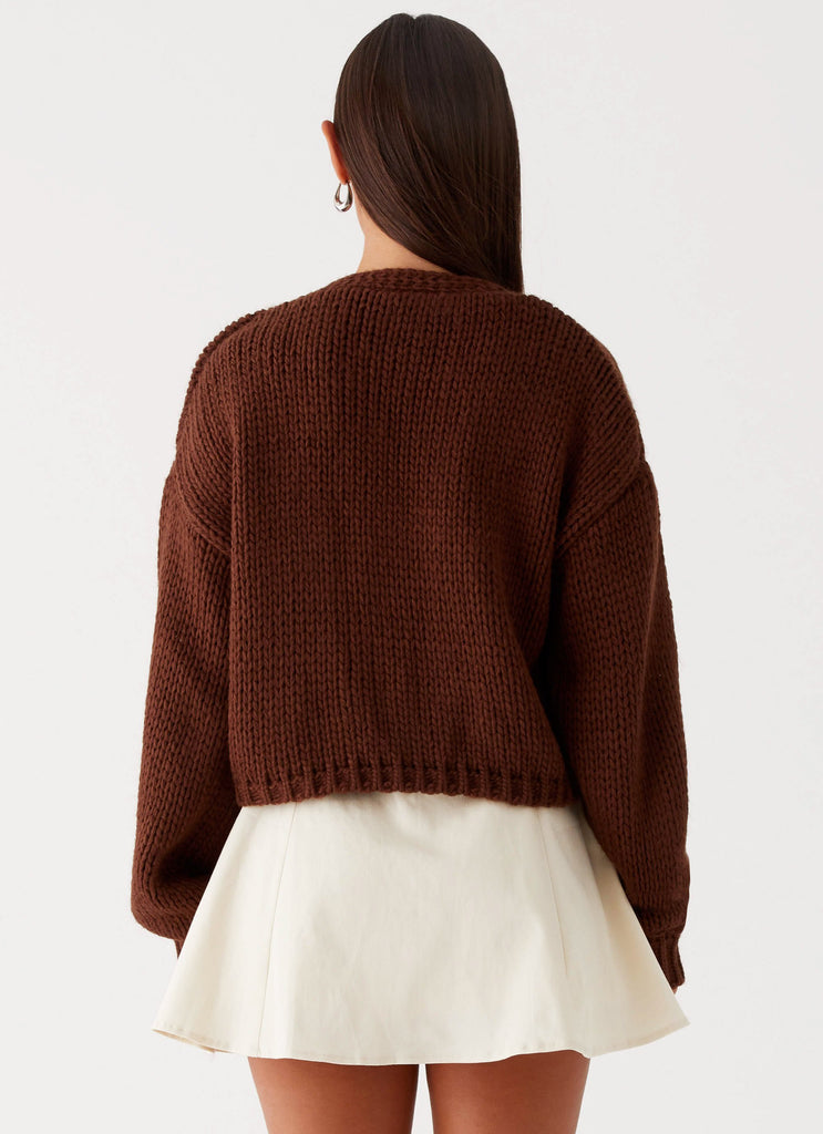 Womens Jasleen Knit Cardigan in the colour Brown in front of a light grey background