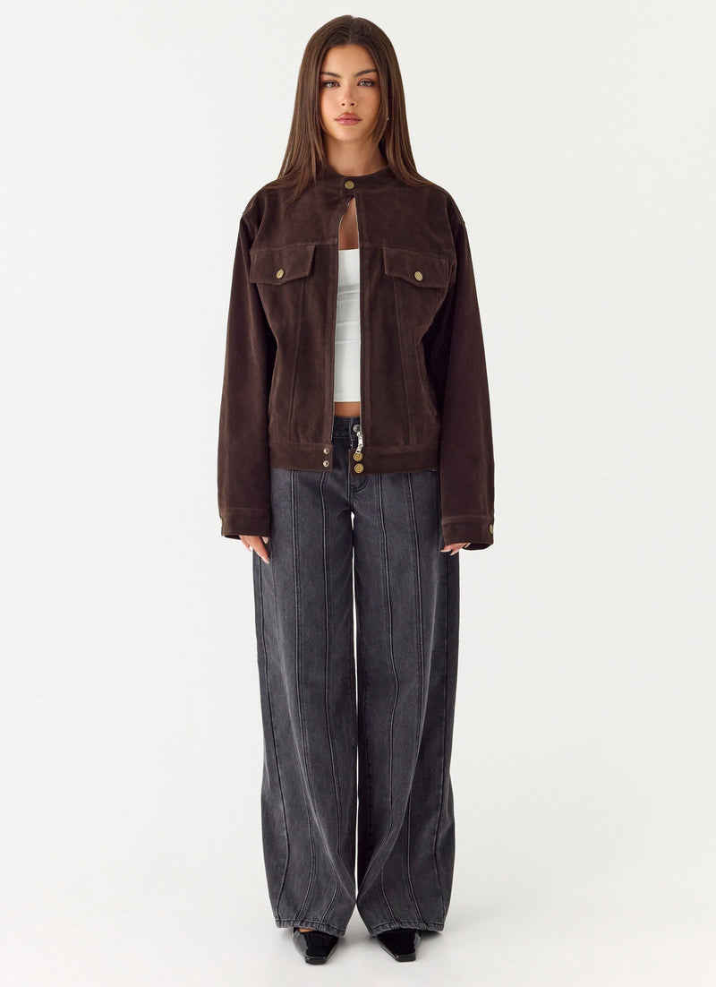 Jeremy Faux Suede Biker Jacket - Dark Chocolate