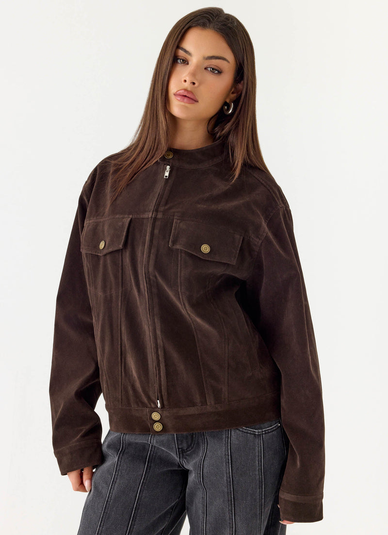 Jeremy Faux Suede Biker Jacket - Dark Chocolate
