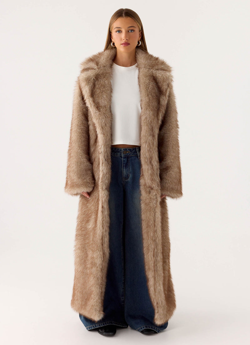 Kamil Faux Fur Maxi Coat - Tan Beige