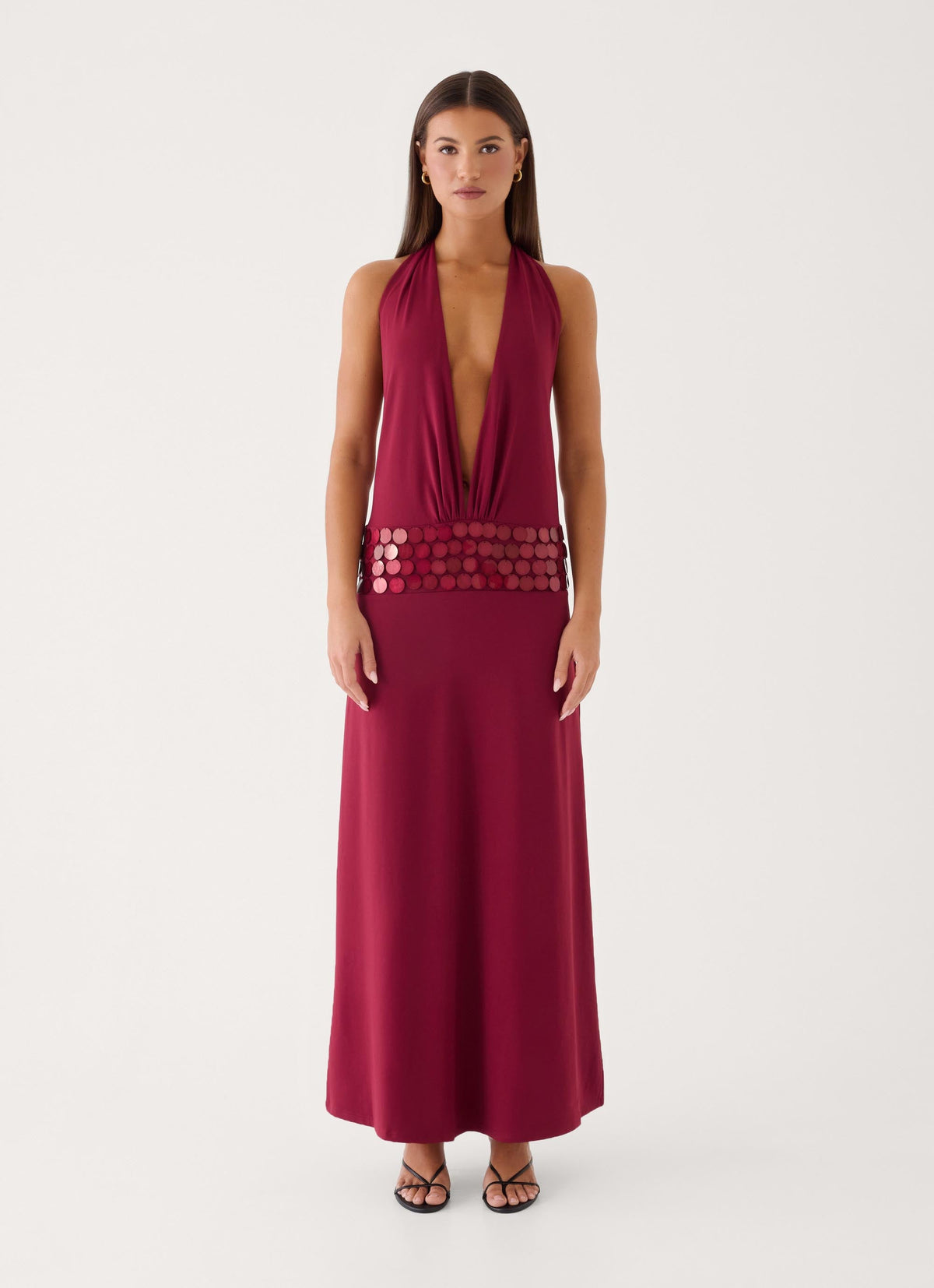 Kolisa Beaded Halter Maxi Dress - Burgundy