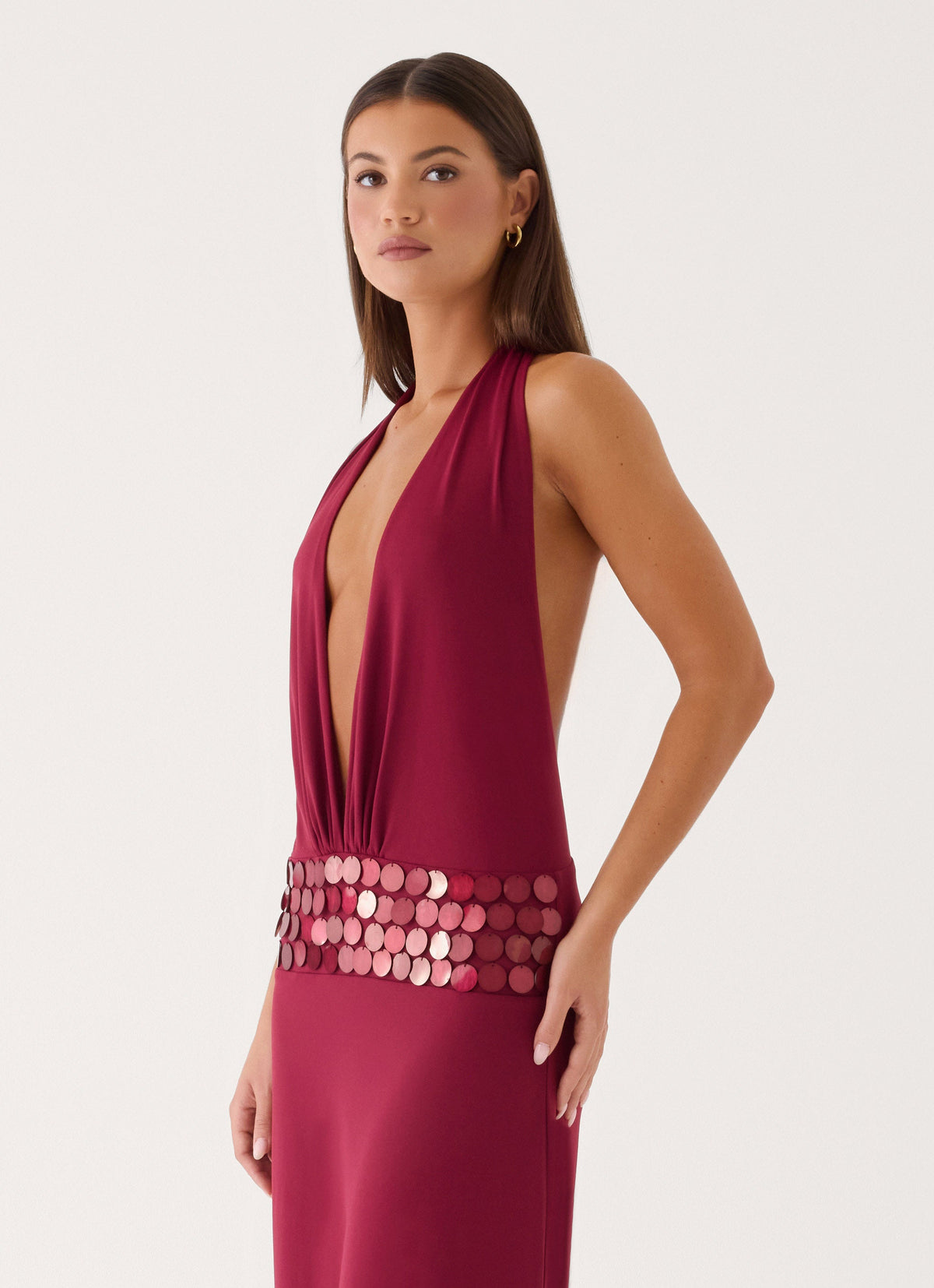 Kolisa Beaded Halter Maxi Dress - Burgundy