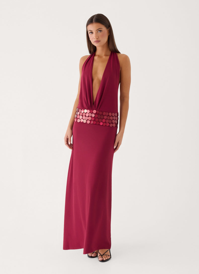Kolisa Beaded Halter Maxi Dress - Burgundy