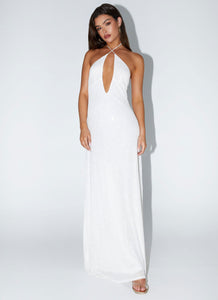 Womens Latanya Sequin Maxi Dress in the colour White in front of a light grey background