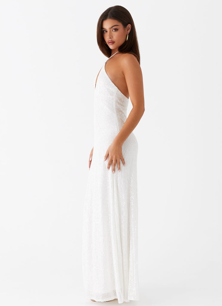 Womens Latanya Sequin Maxi Dress in the colour White in front of a light grey background