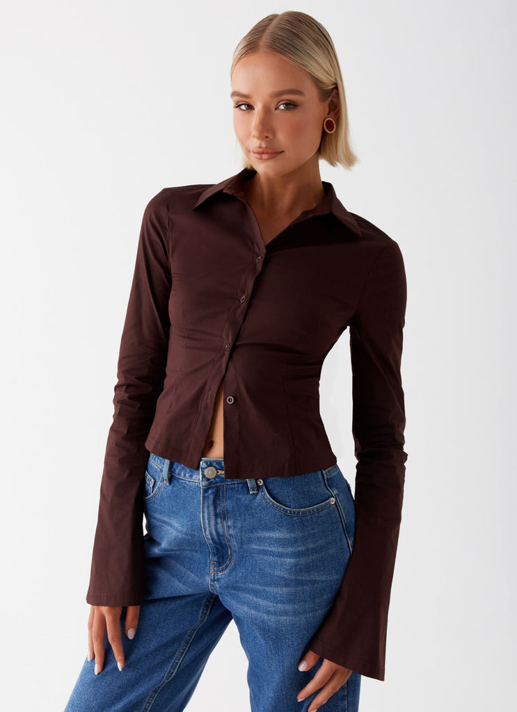 Womens Leah Fitted Button Up Shirt in the colour Chocolate in front of a light grey background