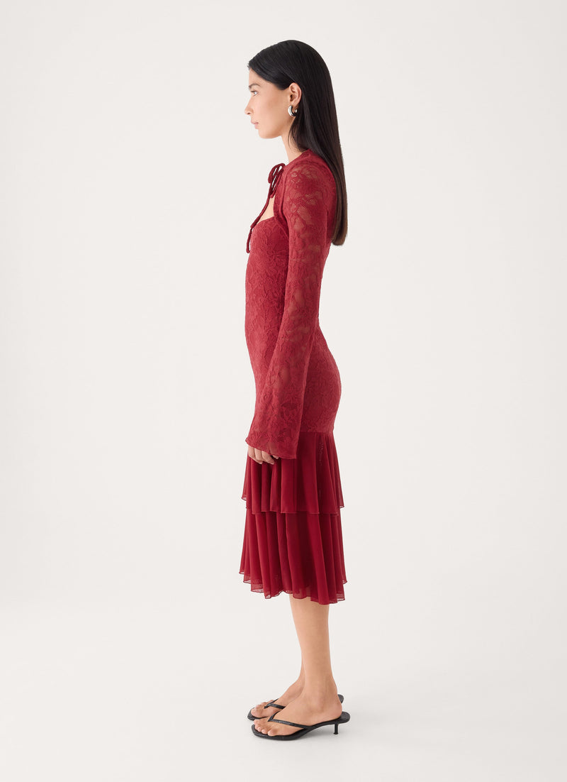 Lenora Lace Midi Dress - Fire Red