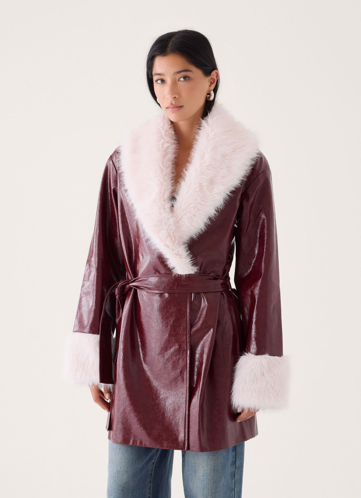 Love Child Faux Leather Wrap Coat - Burgundy