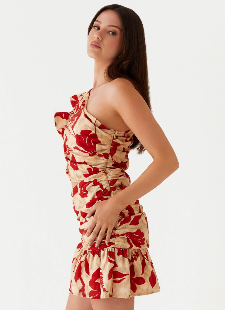 Womens Maisie Linen Mini Dress in the colour Red Green Floral in front of a light grey background