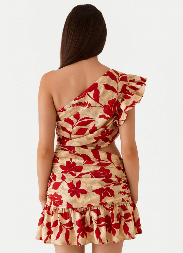 Womens Maisie Linen Mini Dress in the colour Red Green Floral in front of a light grey background