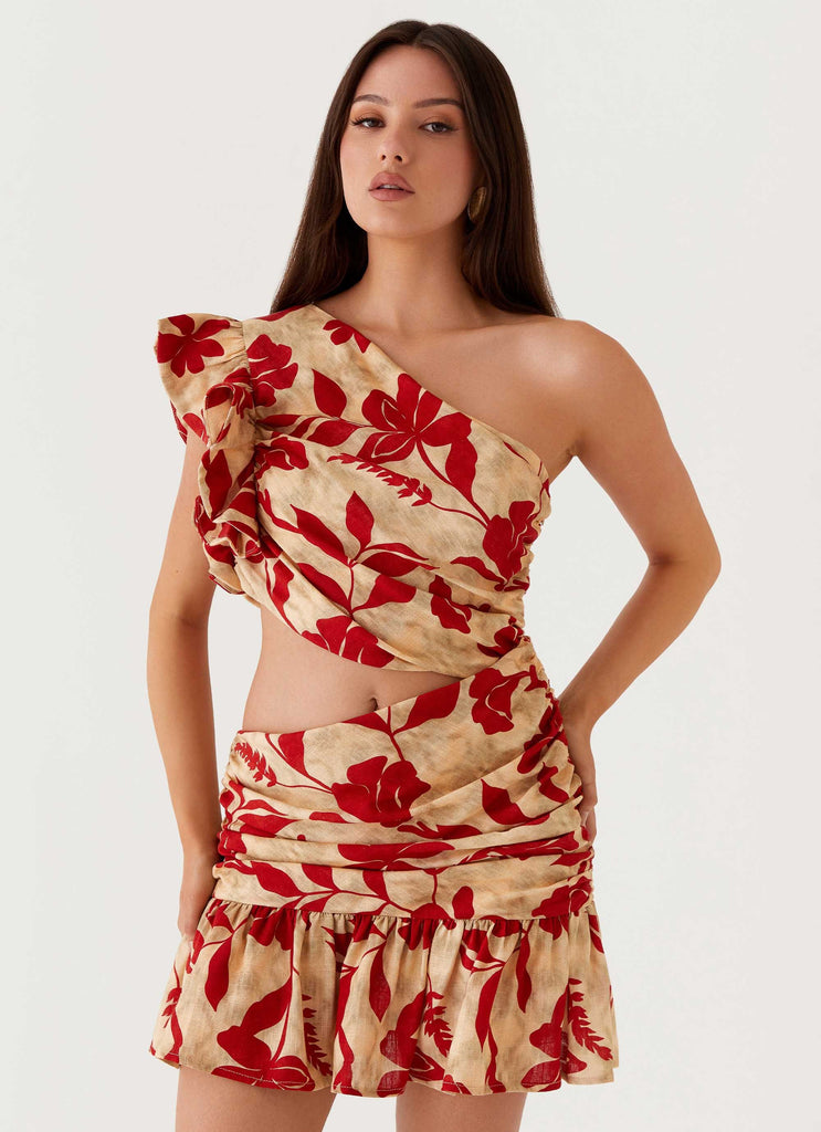 Womens Maisie Linen Mini Dress in the colour Red Green Floral in front of a light grey background