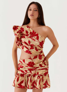 Womens Maisie Linen Mini Dress in the colour Red Green Floral in front of a light grey background