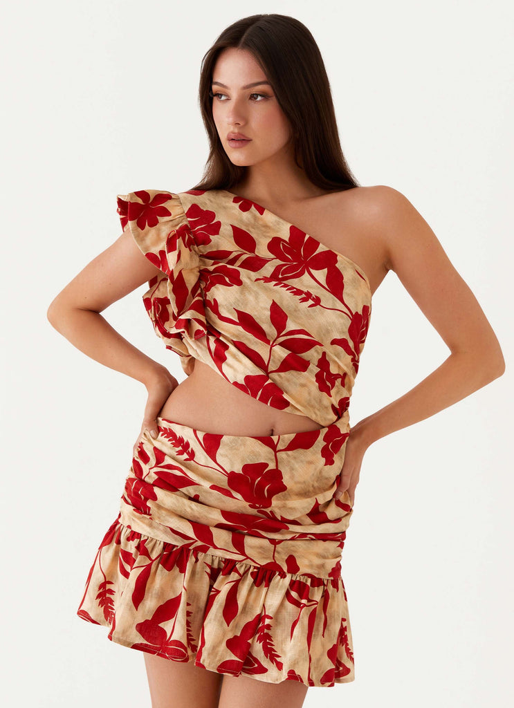 Womens Maisie Linen Mini Dress in the colour Red Green Floral in front of a light grey background