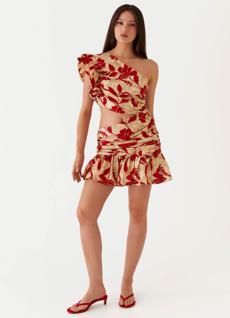 Womens Maisie Linen Mini Dress in the colour Red Green Floral in front of a light grey background