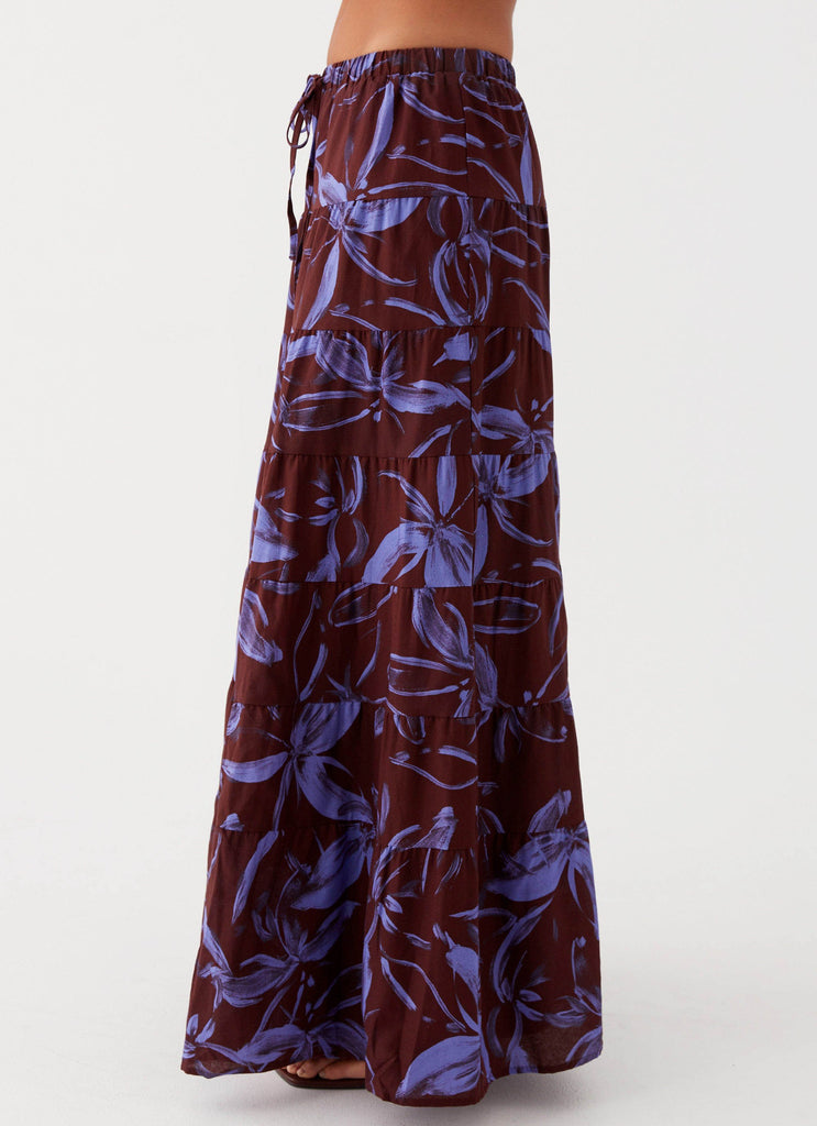 Womens Mariella Linen Maxi Skirt in the colour Purple Brown Floral in front of a light grey background